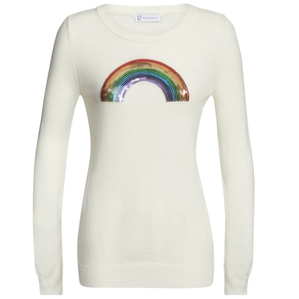 NY & Co Sequin Rainbow Crewneck Sweater XL Winter White